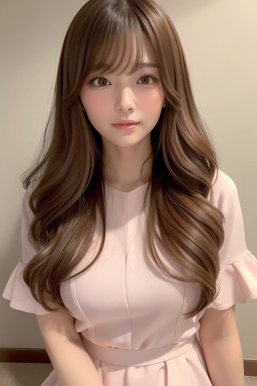 Close-up of a feminine face with soft wavy bangs and light brown hair。(Flawlessレースのブラジャー、FlawlessＴback、White or pink、Crouch down、Full body description、M-shaped splits、1.6）Long hair、In the flowing soft waves、Give a gentle and friendly impression。The background is a chic beauty salon。