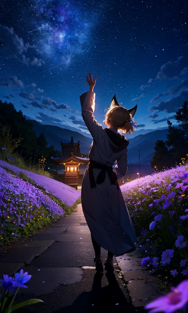 １people々々々々々々々々々々々々々々々々々々々,Woman with medium length blonde hair，Fox Ears，Long coat，Takageta， Dress Silhouette， Rear View，Space Sky, Flower Field，Colorful flowers，Dancing Petals，full moon，shrine，