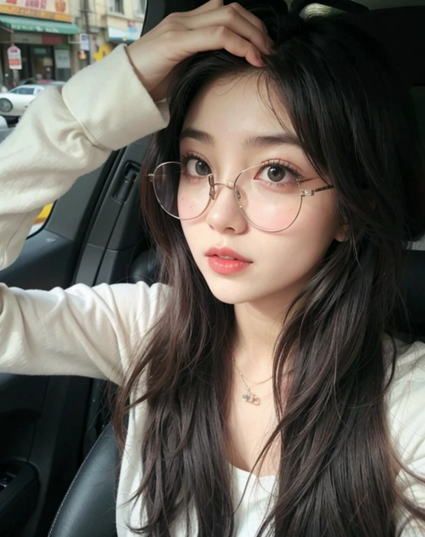arafed woman con gafas sitting in a car with a red lip, usando gafas redondas grandes y delgadas, wearing small round glasses, con gafas, ulzzang, girl usando gafas redondas, muchacha coreana, usando gafas redondas, hermosa joven coreana, pelo negro largo ondulado y gafas, con lentes negros, gafas redondas gruesas, usando gafas con montura negra