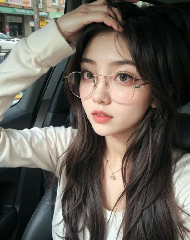 arafed woman con gafas sitting in a car with a red lip, usando gafas redondas grandes y delgadas, wearing small round glasses, con gafas, ulzzang, girl usando gafas redondas, muchacha coreana, usando gafas redondas, hermosa joven coreana, pelo negro largo ondulado y gafas, con lentes negros, gafas redondas gruesas, usando gafas con montura negra