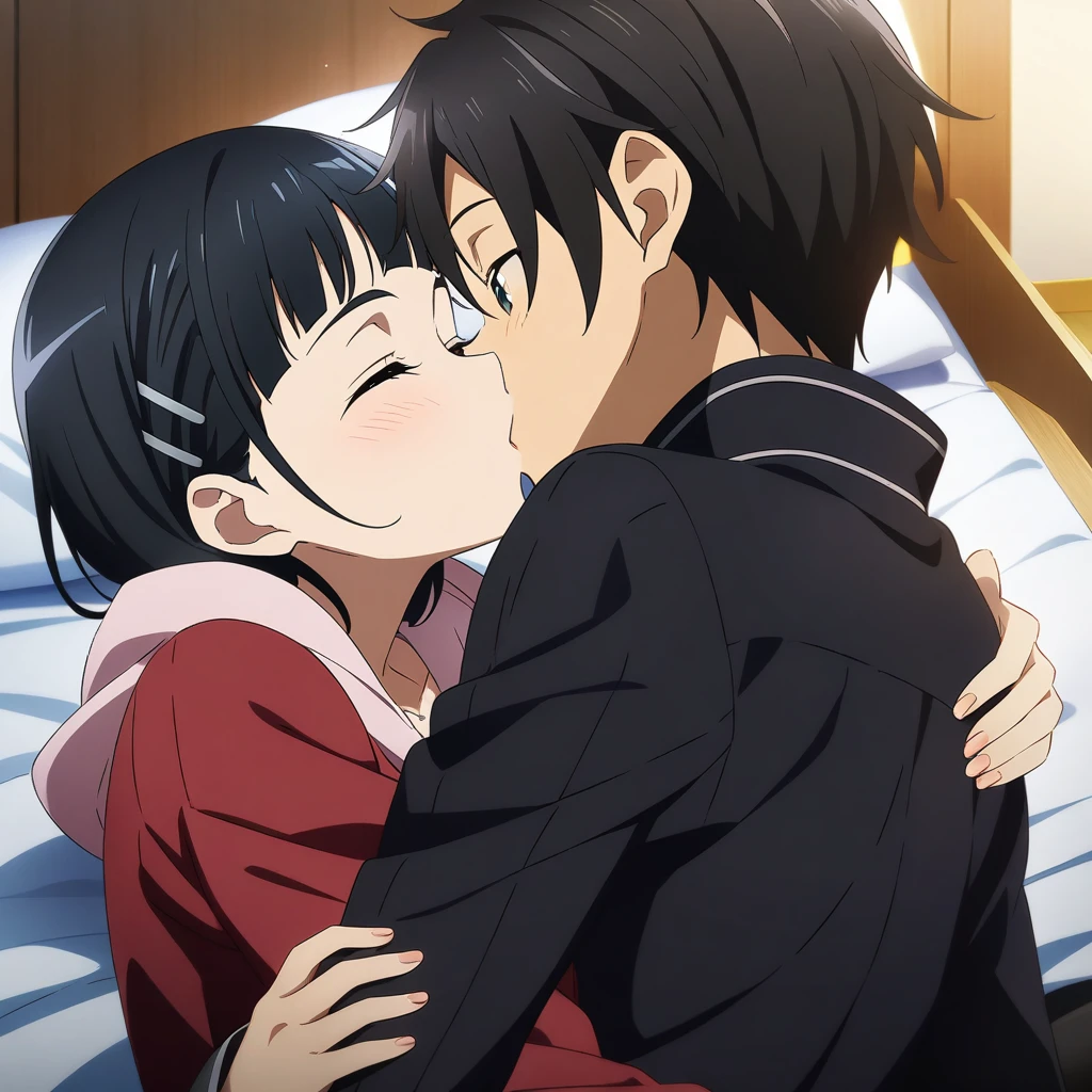 1girl and 1boy, kirigaya Suguha and kirito, sword art online, hug, kiss, bed, masterpiece, best quality, very aesthetic, absurdres, anime artwork, anime style, key visual, vibrant, studio anime, highly detailed