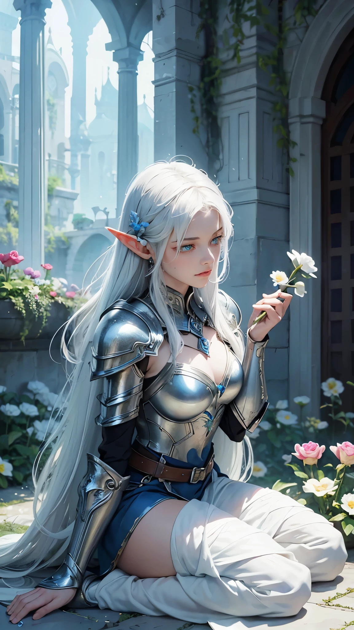 emotional oil paiting of a elf wearing full armor, she catching a flower, she has beautiful blue eyes, detailed eyes, vivd blue