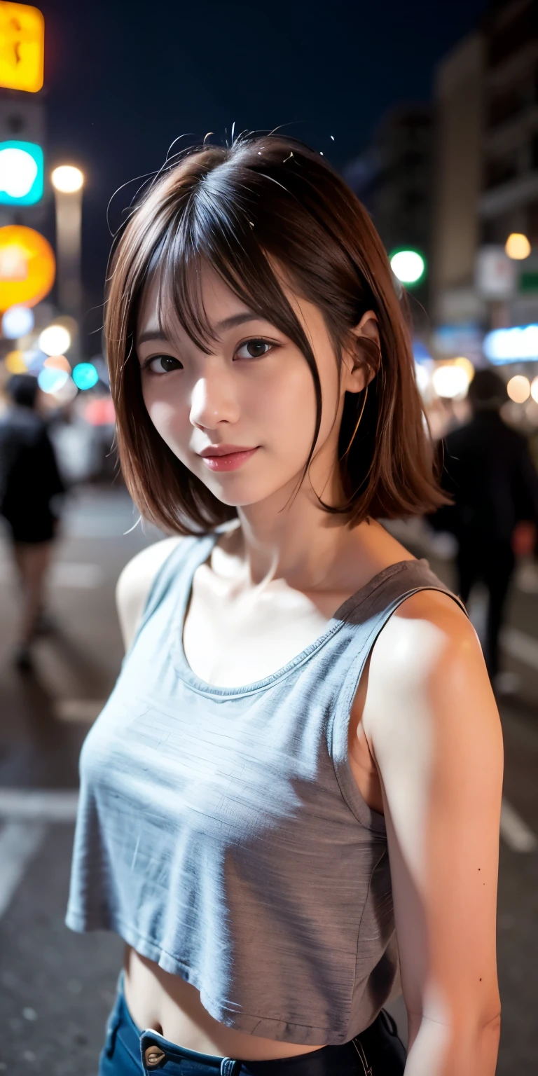 1 Girl, Tokyo Street,night, Streetscape,City lights,Upper Body,close,smile,, (8K, Raw photo, highest quality, masterpiece:1.2),(Realistic, photo-Realistic:1.37),