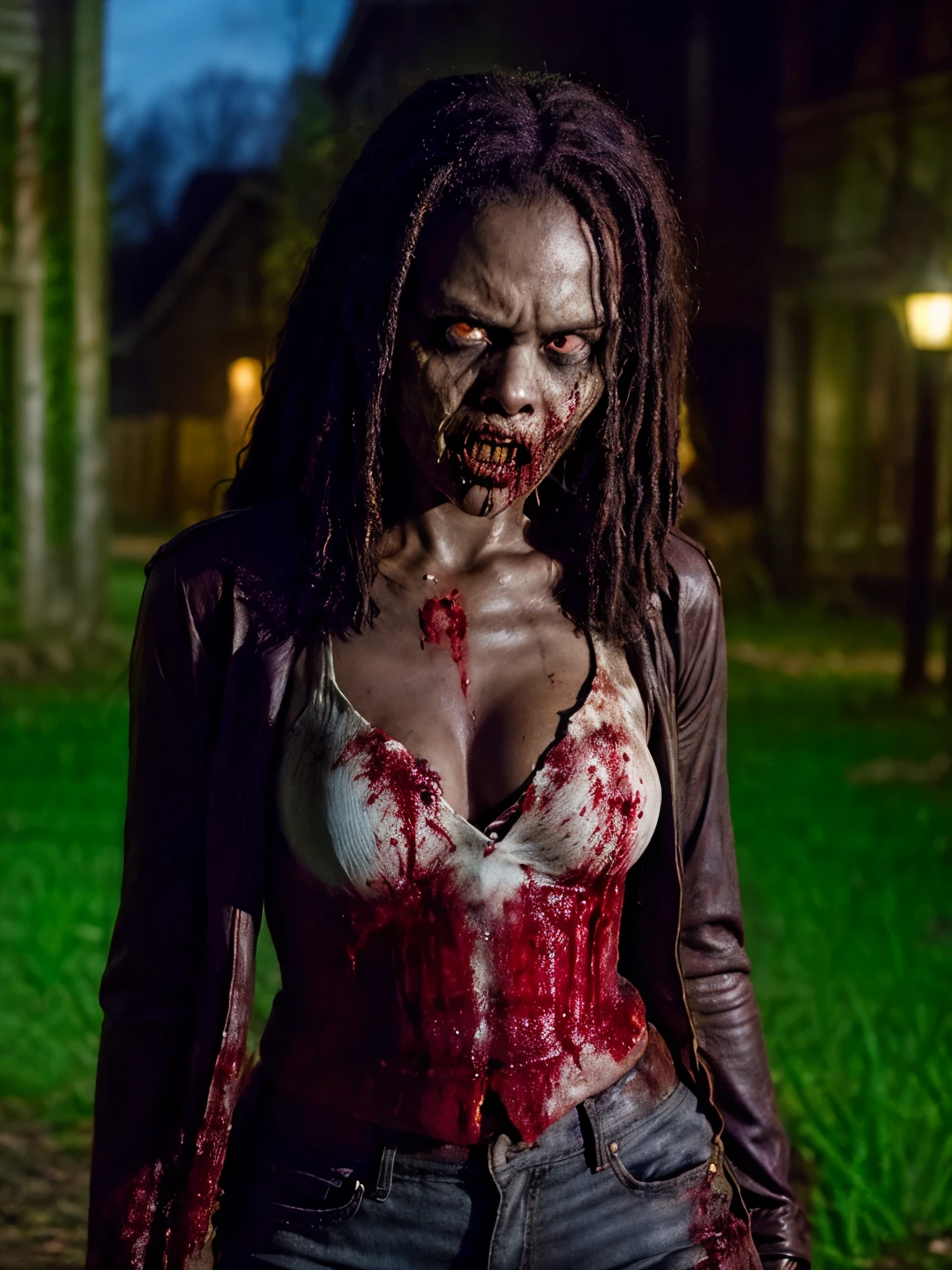 (masterpiece, best quality:1.2), ((RAW photo, Best quality)), (Realistic, photo-realistic:1.2), (((Michonne a black woman, a corpse (((hotting zombie))), (((blood, hottinig face))) , hole on face, long dreadlocks hair, ((horror, creepy)) , night, (((White eyes))) . , angry. ((( Exposed brain))), ((gray or greenish skin)), wounds, empty eyes, torn clothes, slow movements, guttural noises, aggressive and cannibalistic behavior. Cinematic lighting.