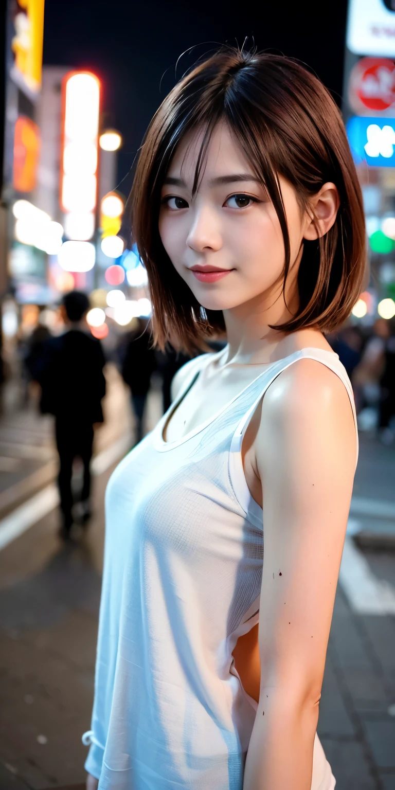 1 Girl, Tokyo Street,night, Streetscape,City lights,Upper Body,close,smile,, (8K, Raw photo, highest quality, masterpiece:1.2),(Realistic, photo-Realistic:1.37),