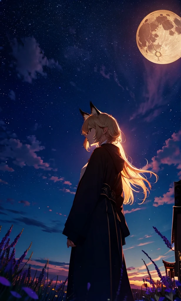 １people々々々々々々々々々々々々々々々々々々々,Woman with medium length blonde hair，Fox Ears，Long coat，Takageta， Dress Silhouette， Rear View，Space Sky, Flower Field，Colorful flowers，Dancing Petals，full moon，shrine，