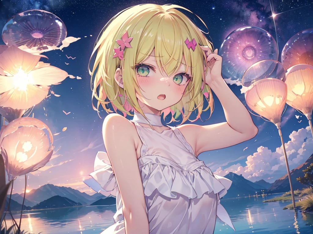 dress, Green Eyes, fine grain、blonde、Multicolored Hair、Inner Color、Wavy Hair、 short hair、thin、Adult women、(((((Wink)))))、((((yawn)))),((((1 girl))))、Embarrassed face、Beautiful night sky、8K background、Medium Chest、whole body、Woman Standing On The Surface of the Lake、Uyuni salt lake、Sleeveless、