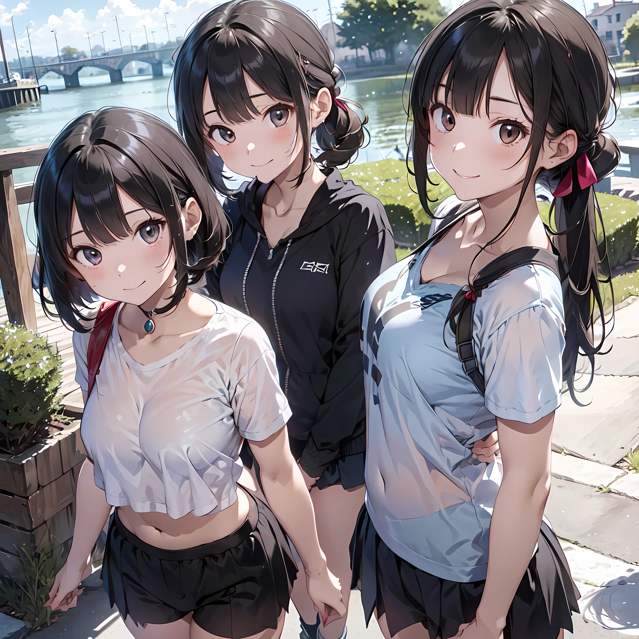 (masterpiece, best quality, ultra quality, high quality, hyper detailed, intricate detailed, perfect anatomy, shiny skin, cowboy shot,), (3women are posing for a camera), (At the riverside campsite), (slender:1.2), (smile:1.3)、(happy、fun、Laughing with your mouth open), brown hair, blond hair, silver hair, navel, jewelry, looking at viewer, necklace, long hair, short hair, Abdominal muscles, Thong,straight hair, bob cut, blunt bangs, silky hair, (jet black hair or brown hair), hair clip, hair band, hair ribbon, one-length haircut, ducktail, outward curled hair, French twist hair, twintails, side ponytail, single braid, wavy hair,