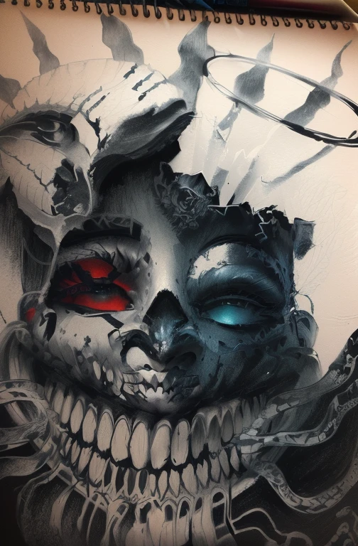 desenho de uma cara assustadora com um dente e cobras saindo da boca, and detailed face with mask, detalhado, but rough, desenho com cores, detalhe adicionado, retrato detalhado, pencil on paper, detailed mask, portrait of a psychonaut demon, pencil drawing and colored ink with black, ink and pencil, monochrome design, inspired by demons , grafite sobre papel, desenho detalhado, desenho de tatuagem