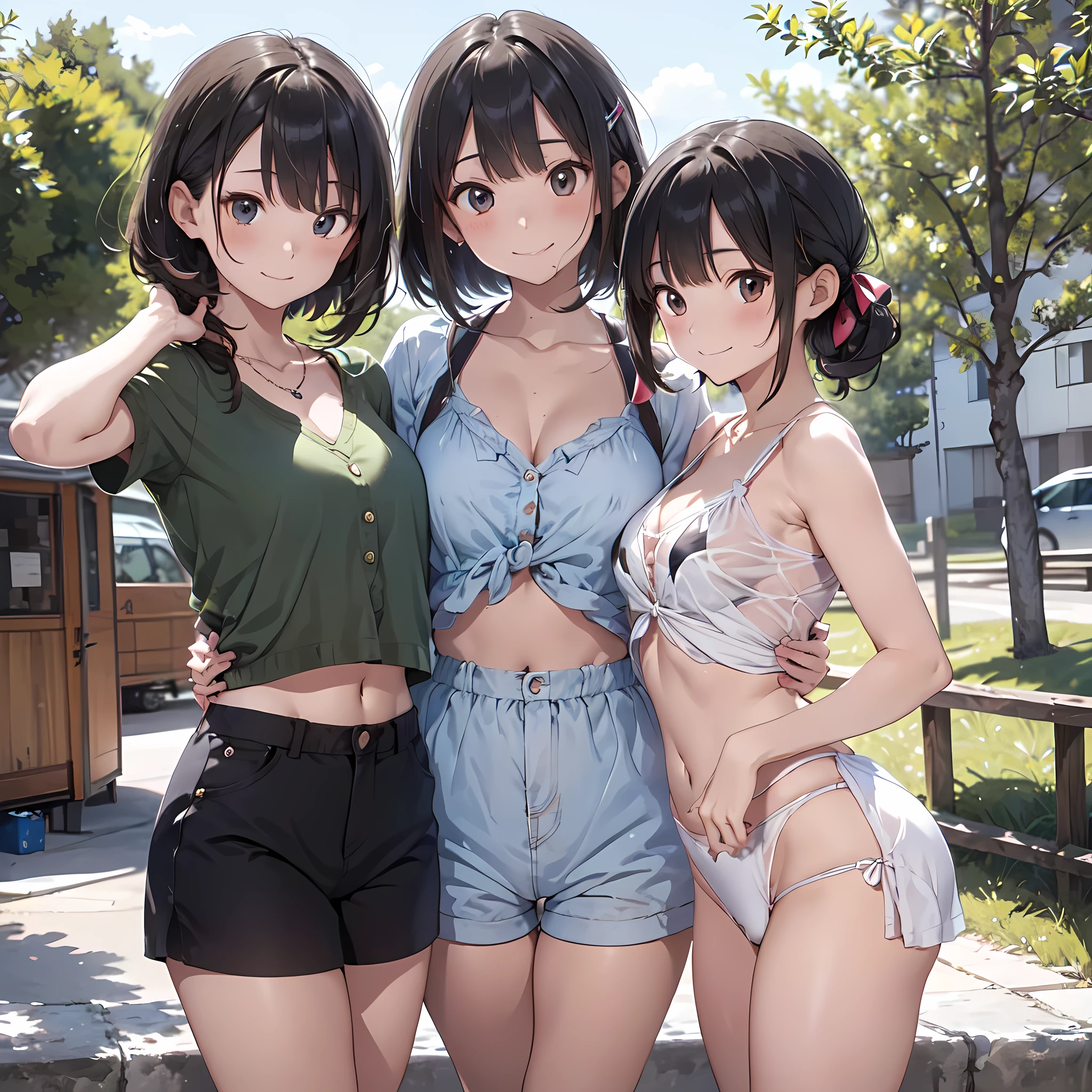 (masterpiece, best quality, ultra quality, high quality, hyper detailed, intricate detailed, perfect anatomy, shiny skin, cowboy shot,), (3women are posing for a camera), (At the riverside campsite), (slender:1.2), (smile:1.3)、(happy、fun、Laughing with your mouth open), brown hair, blond hair, silver hair, navel, jewelry, looking at viewer, necklace, long hair, short hair, Abdominal muscles, Thong,straight hair, bob cut, blunt bangs, silky hair, (jet black hair or brown hair), hair clip, hair band, hair ribbon, one-length haircut, ducktail, outward curled hair, French twist hair, twintails, side ponytail, single braid, wavy hair,