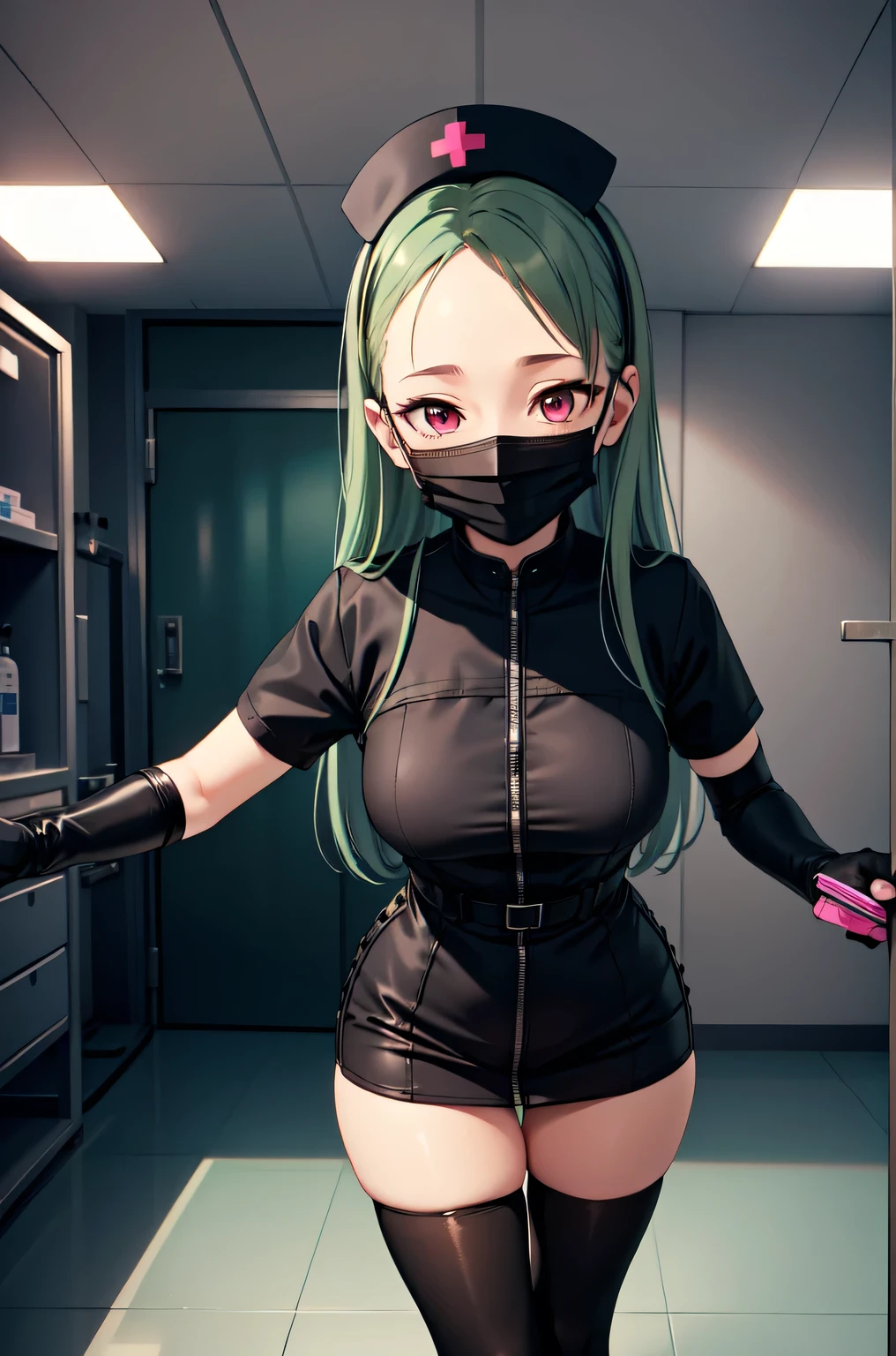 black nurse, 1woman, solo, black nurse cap, black nurse uniform, ((black legwear, zettai ryouiki)), black elbow gloves, forehead, long hair, green hair, pink eyes, ((black surgical mask, covered nose)), standing, ((surgery room)), sharp outline, short sleeves, mature female, 35 years old, best quality, masterpiece