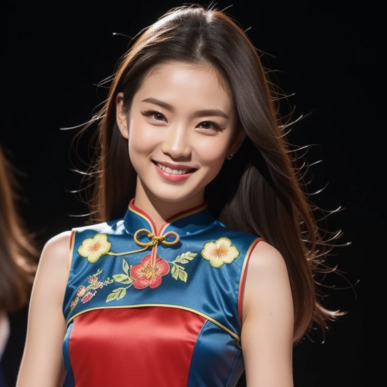 8k, masterpiece, highest quality, Realistic, Very detailed, 1 girl, Asian, Supermodel body type, Realistic skin texture, Long Hair, (chest:1.0), (smile:1.0), Gazing at the audience, (Body-fitting cheongsam), (Without helmet), Cinema Lighting, Face Focus, Beautiful Eyes, Detailed face, Bright Face, dawn, Racing car on background,Promotes style,Bromide wind