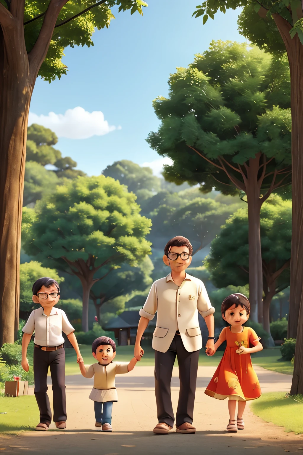 Happy family with mother, father, a  and a toddler boy. Mother is wearing a beautiful colorful dress and black glasses. Father is wearing comfortable clothes. One of the children is jumping ahead and the other one is running. There are towering trees with leaves, books and toys between the branches, 