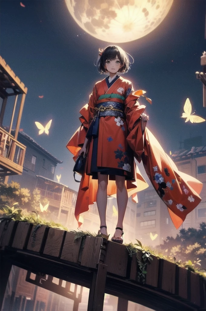 1 girl, Wide Shot, standing in front of bloody full-moon,front, From below , red kimono, swarm of butterflies on the background,High resolution,(Unbelievably absurd),Anime Visual,Highly detailed CG Unity 8k wallpaper, ((masterpiece)), ((highest quality)), (Beautiful illustrations), ((Very delicate and beautiful))