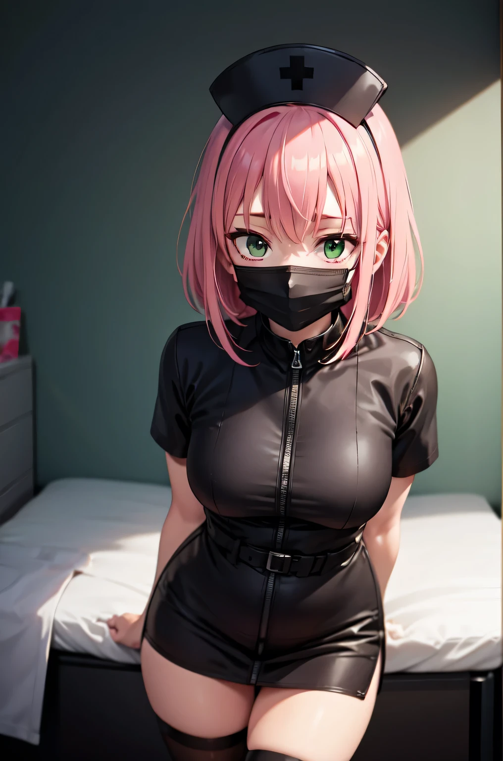 black nurse, 1woman, solo, black nurse cap, black nurse uniform, ((black legwear, zettai ryouiki)), black elbow gloves, pink hair, green eyes, drooping eyes, ((black surgical mask, covered nose)), standing, ((surgery room)), sharp outline, short sleeves, mature female, 32 years old, best quality, masterpiece