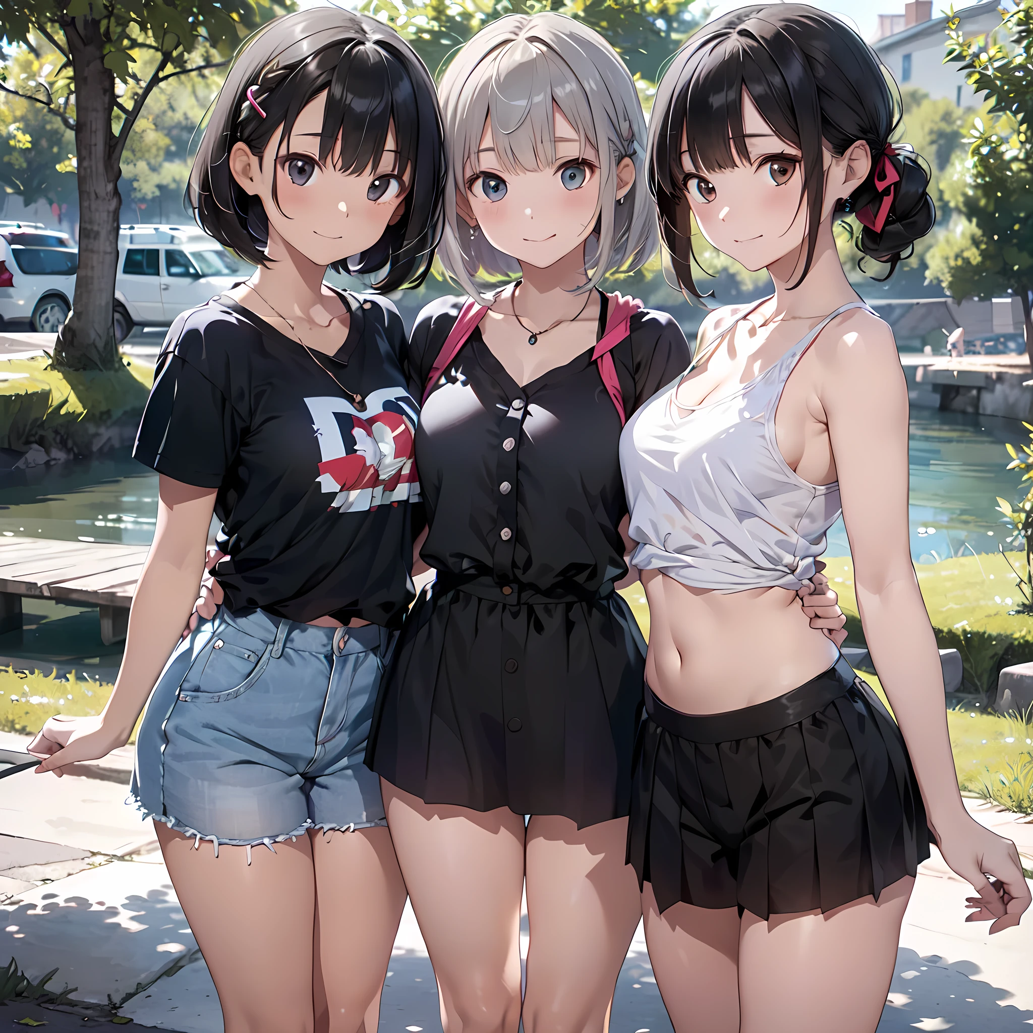 (masterpiece, best quality, ultra quality, high quality, hyper detailed, intricate detailed, perfect anatomy, shiny skin, cowboy shot,), (3women are posing for a camera), (At a campsite along the river),  (slender:1.2), (happy、fun、Laughing with your mouth open:1.1), brown hair, blond hair, silver hair, navel, jewelry, looking at viewer, necklace, long hair, short hair, Abdominal muscles, Thong,straight hair, bob cut, blunt bangs, silky hair, (jet black hair or brown hair), hair clip, hair band, hair ribbon, one-length haircut, ducktail, outward curled hair, French twist hair, twintails, side ponytail, single braid, wavy hair, 