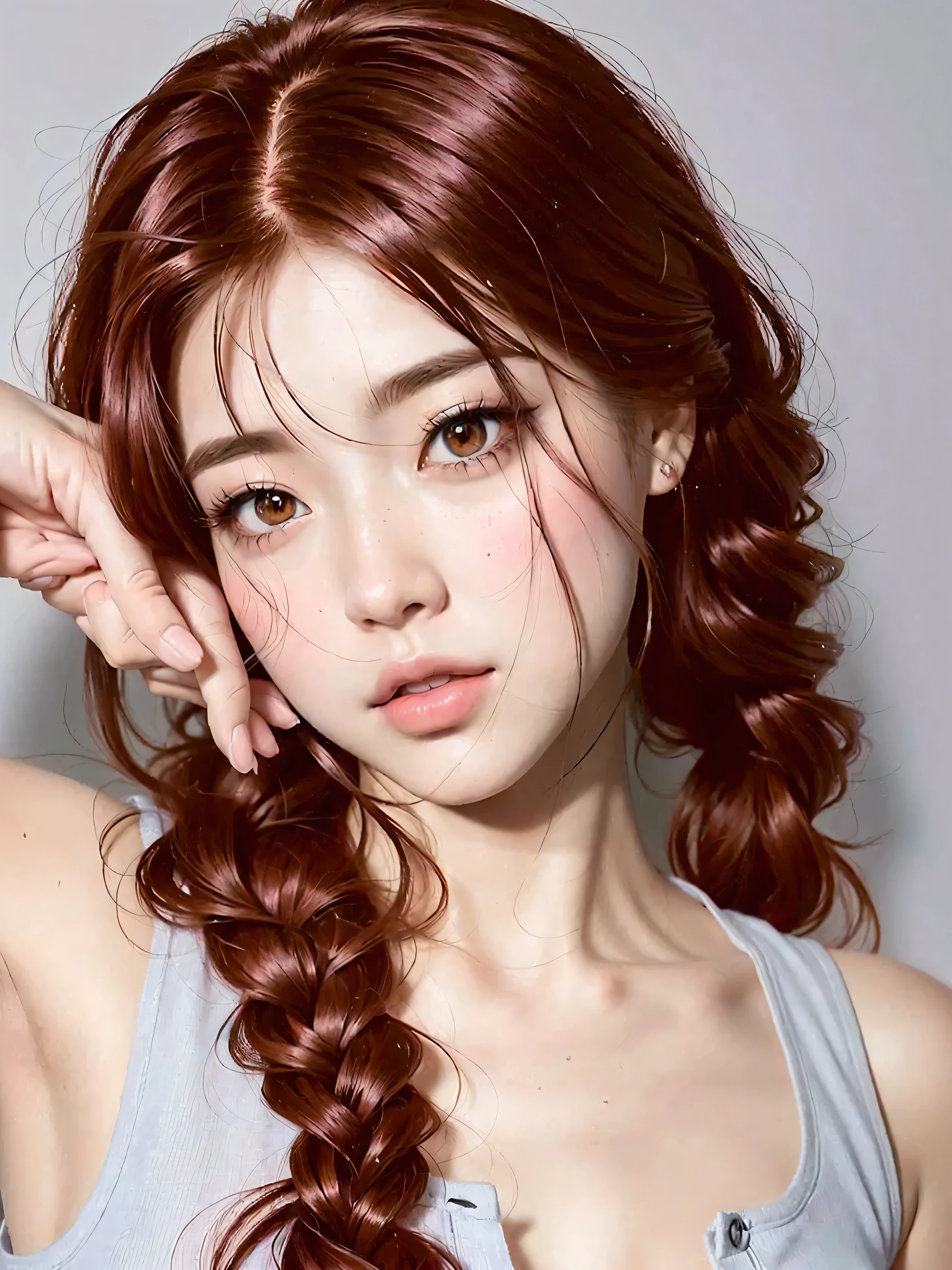 hay una mujer pelirroja y una camiseta gris, photorealista anime, realista anime Estilo de Arte, hyper realista anime, realismo animado style, realista anime artstyle, realista. cheng yi, kawaii realista portrait, realista anime style at pixiv, realista young anime girl, photorealista anime girl render, photorealista!!!!!!! Estilo de Arte, realista painting style, realismo animado