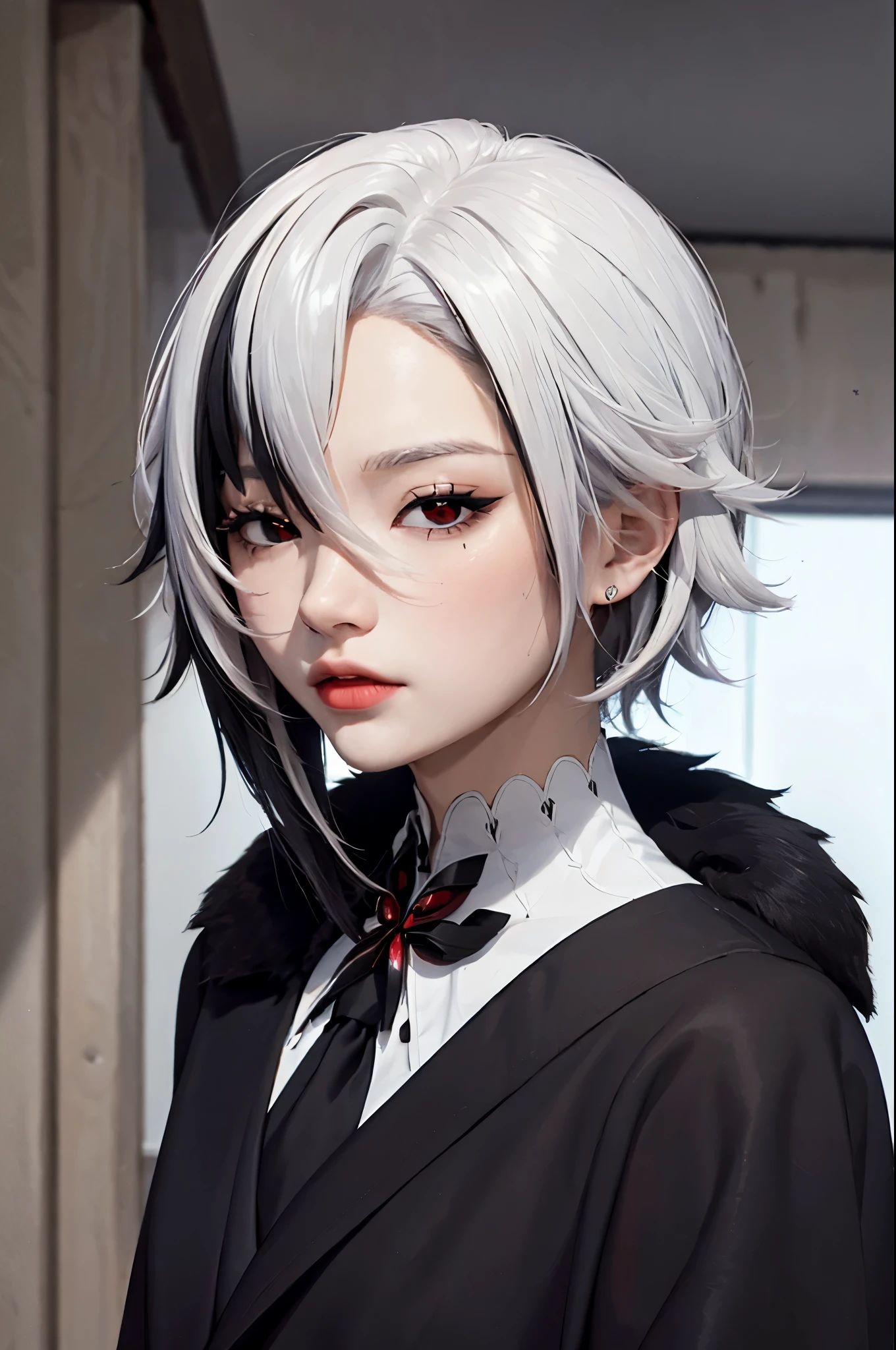 Girl Portrait Photography, Realism, high resolution, 1 female, alone, Upper Body, White hair，Black Hair，Colorful Hair，short hair，Straight Hair，Long braids（White hair），Glowing red eyes，Red X pupil（focus），close your lips, Delicate face, Collared shirt, Black tie, Black skirt, Pencil Skirt, fur coat, , （Black lace is clearly visible）