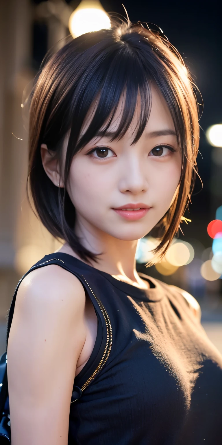 1 Girl, Tokyo Street,night, Streetscape,City lights,Upper Body,close,smile,, (8K, Raw photo, highest quality, masterpiece:1.2),(Realistic, photo-Realistic:1.37),