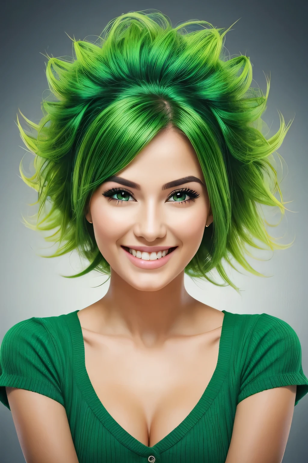 beautiful woman, hair green, expression of relief and happiness