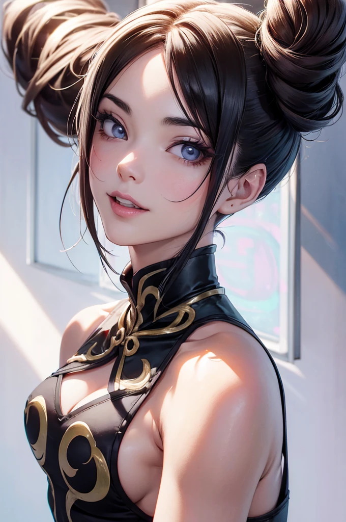 ((Best quality)), ((Masterpiece)), ((Realstic)) Hyper-detailed photograph of a girl. Chun- li,doux charmant,(Visages asiatiques 1.2),(Action de combat) ((Chun- li)), (The tip protrudes slightly1.2),(Double chignon blanc),dressed in (Petit micro-string noir, Micro-bikini noir:Star pattern ) , ((beautiful and aesthetic)), Muscular Fit Body Abs, sexy, sous-seins, chaud, (Cream gradient background)