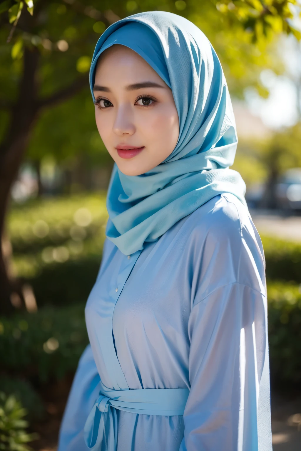 (((high detailed skin,visible pores))), dreamlike, (ulzzang-6500-v1.1:0.5),pureerosface_v1:0.2, face close-up, 1 girl, tall body, slim faces, body abs:1.2, Luna Maya, 30 years old, blushing, hijab ( the hijab covered the hair ), (8K, raw photo, highest quality, flying fragments: 1.2), (reality, realita: 1.4), sharp focus on something big, slim faces, medium breasts, shy smile, visible pores, cinematic lighting, bright light, eye beauty details, shiny and smooth skin, red lipstick, shiny skin, super dense skin, high resolution, complicated hijab, detailed style, detailed beauty face, very realistic, perfect body parts, perfect anatomy, 1 Japanese girl, famous Japanese idol, perfect female body, beautiful eyes, short eyelashes, double eyelids, look straight towards here, wearing white scrunchie, wearing a long dusty blue Malay gamis, walking, standing upright and facing me, so the whole body can be seen, autumn season, abaya clothes, looking straight at me, wearing a scarf, view of the flowers garden, brick road, focus look at me