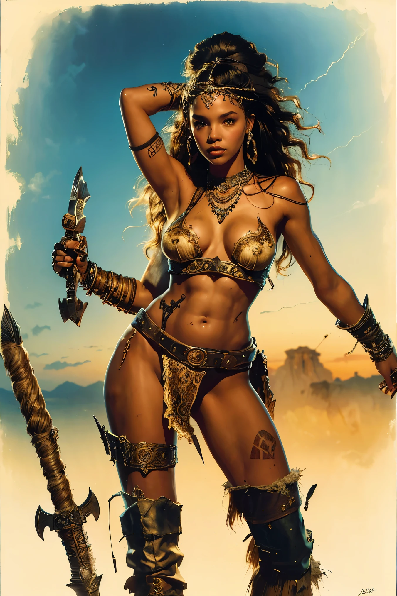 a 20 year old zulu princess, based on Lexi Underwood, cinematic, fantasy illustration portrait from the waist up, set on a white background, highly detailed, black outlining, full color illustration, in the style of BORIS VALLEJO & JULIE BELL