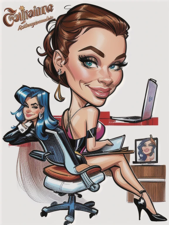 4k, best quality, Comic Babes, drawing of a woman sitting in a chair with a laptop and a mirror, caricature style, caricature illustration, caricature!!!, rendering, Catarina, by Olga Boznańska, by Adrienn Henczné Deák, portrait photography , illustration!, in cartoon style, caricature, caricature, by Elena Guru, caricature