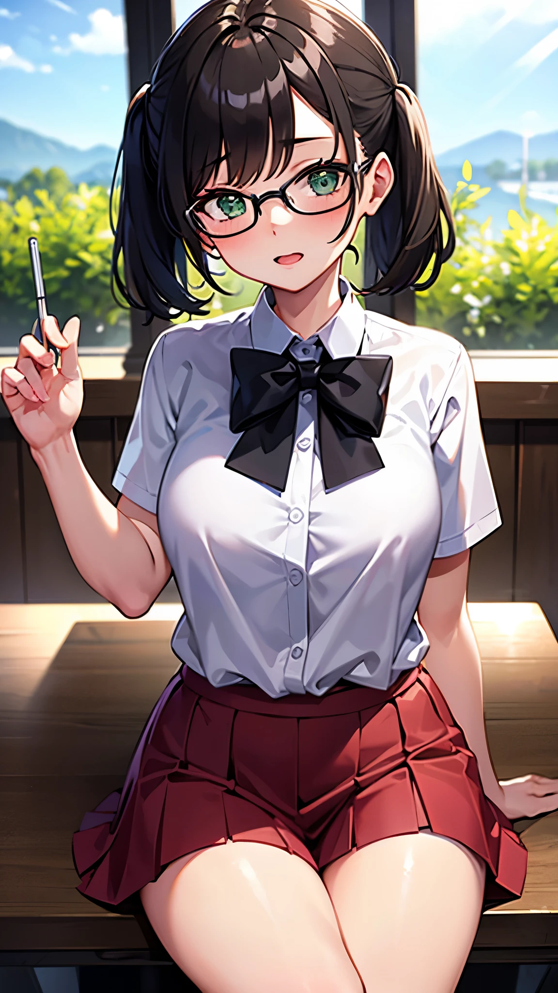 Girl, twintail short hair, brown hair, green eyes, glasses, cute girl, high , classroom 