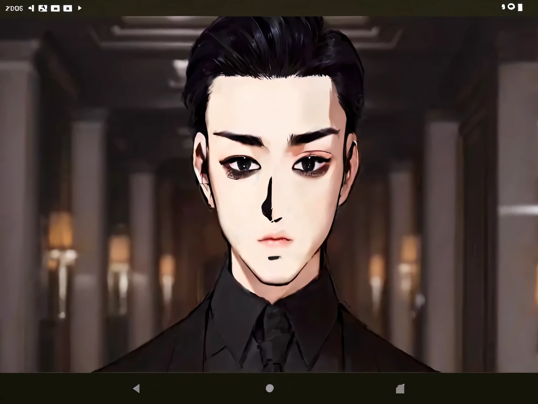 handsome man, black hair, black eyes, double eye lid, big eyes, dark circle under eyes, black hair, black suits, black tie