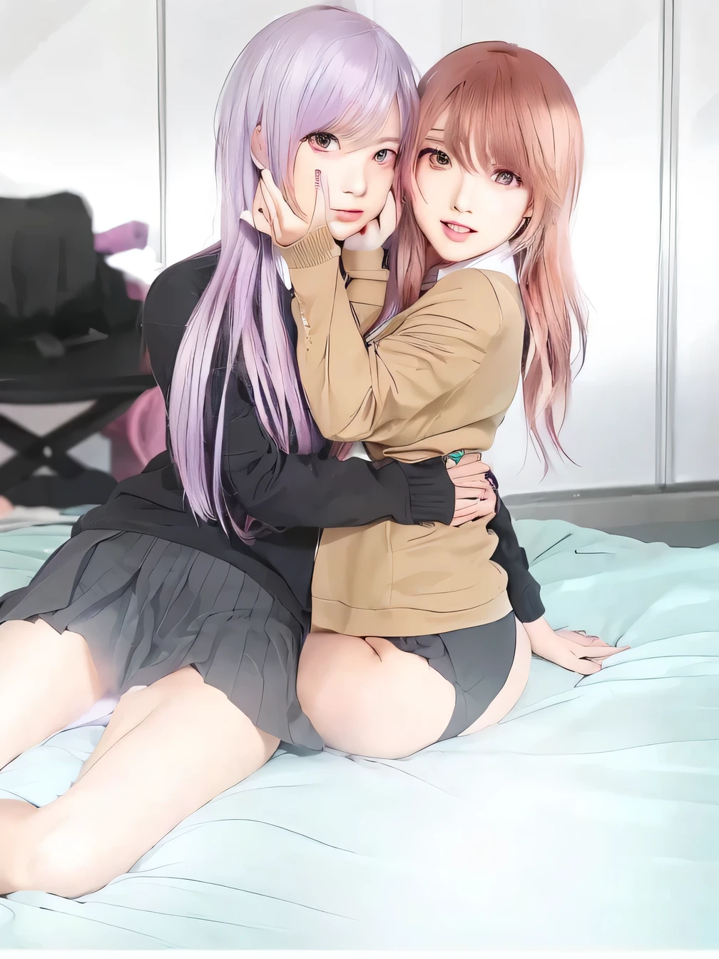 Anime image of two girls sitting back to back on the bed, Edge anime style, two beautiful anime girl, anime girl, realistic schoolgirl, Smooth anime CG art, Edge style, Edge, Surrealism , Attractive anime girl, Soft anime illustration, Visual novel cg, From Girl Front, digital data link layer, Girl hug