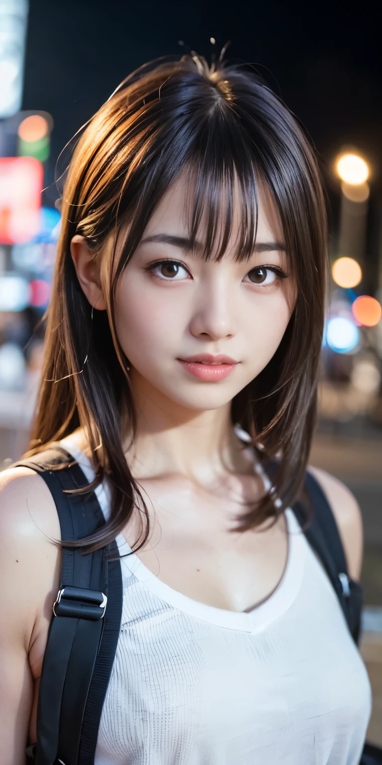 1 Girl, Tokyo Street,night, Streetscape,City lights,Upper Body,close,smile,, (8K, Raw photo, highest quality, masterpiece:1.2),(Realistic, photo-Realistic:1.37),