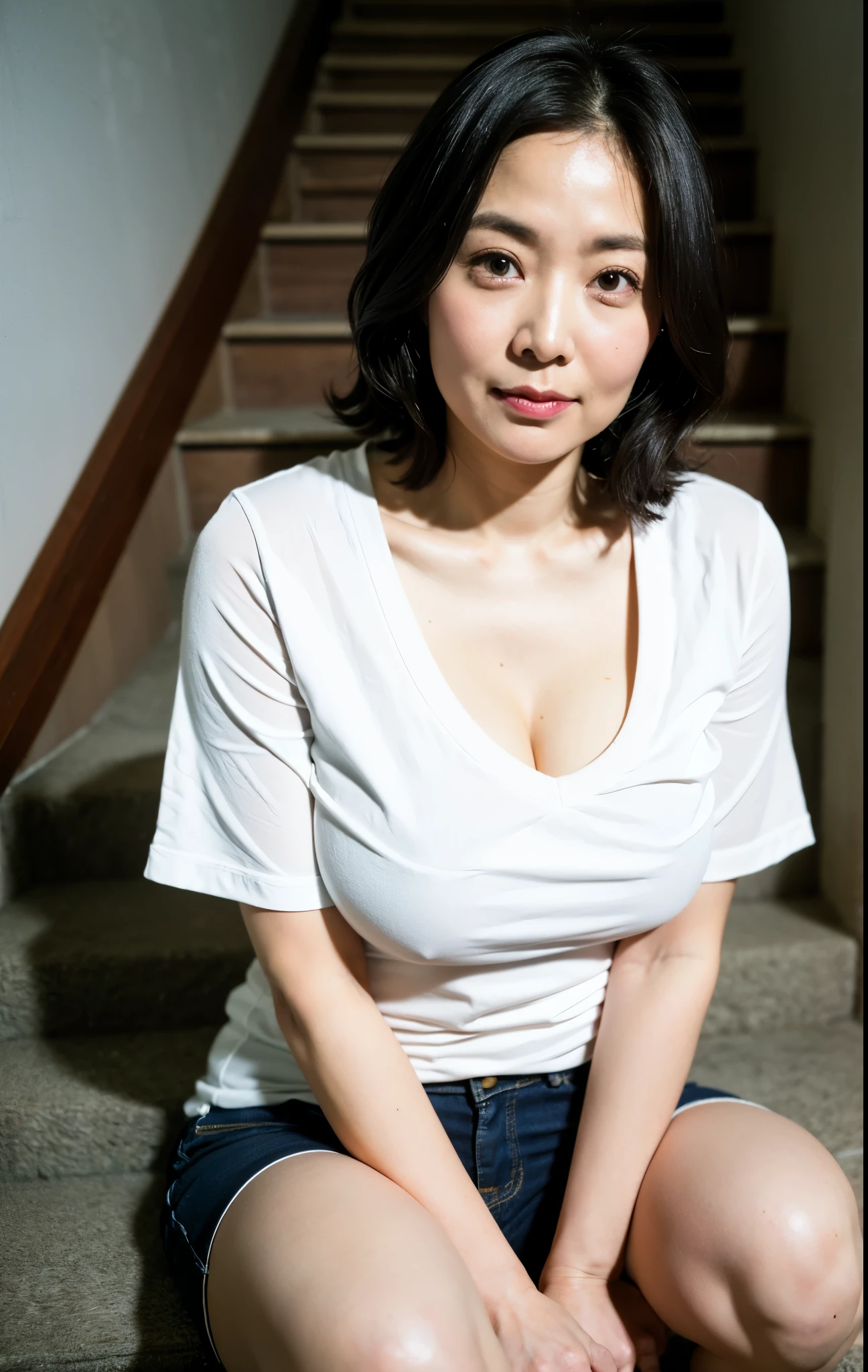 ((top-quality, 8K, masterpiece:1.3)), Photorealsitic, sharp focus, high-level image quality, high resolution, Portrait, full bodyesbian, Solo, 1 milf, soft large breasts with drooping, japanes, Middle-aged woman, Beautie, Clothes with a view of cleavage, 43 yeas old, Plump, Wavy Hair, wearing snug white shirts, snug short pants, Wrinkles at the corners of the eyes, open one's legs, Sit on dirty stairs, dark backgrounds, pumps、nobody office,