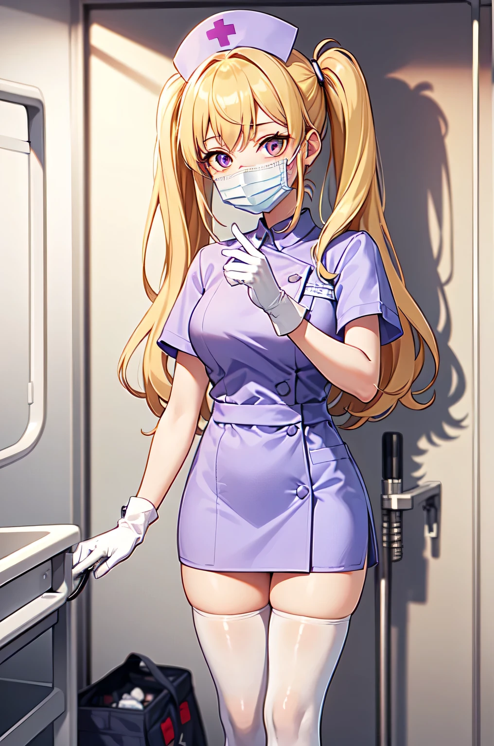 1girl, solo, nurse, nurse cap, white nurse uniform, ((white legwear, zettai ryouiki)), white gloves, twintails, yellow hair, purple eyes, ((white surgical mask, covered nose)), standing, ((hospital room)), sharp outline, short sleeves, best quality, masterpiece