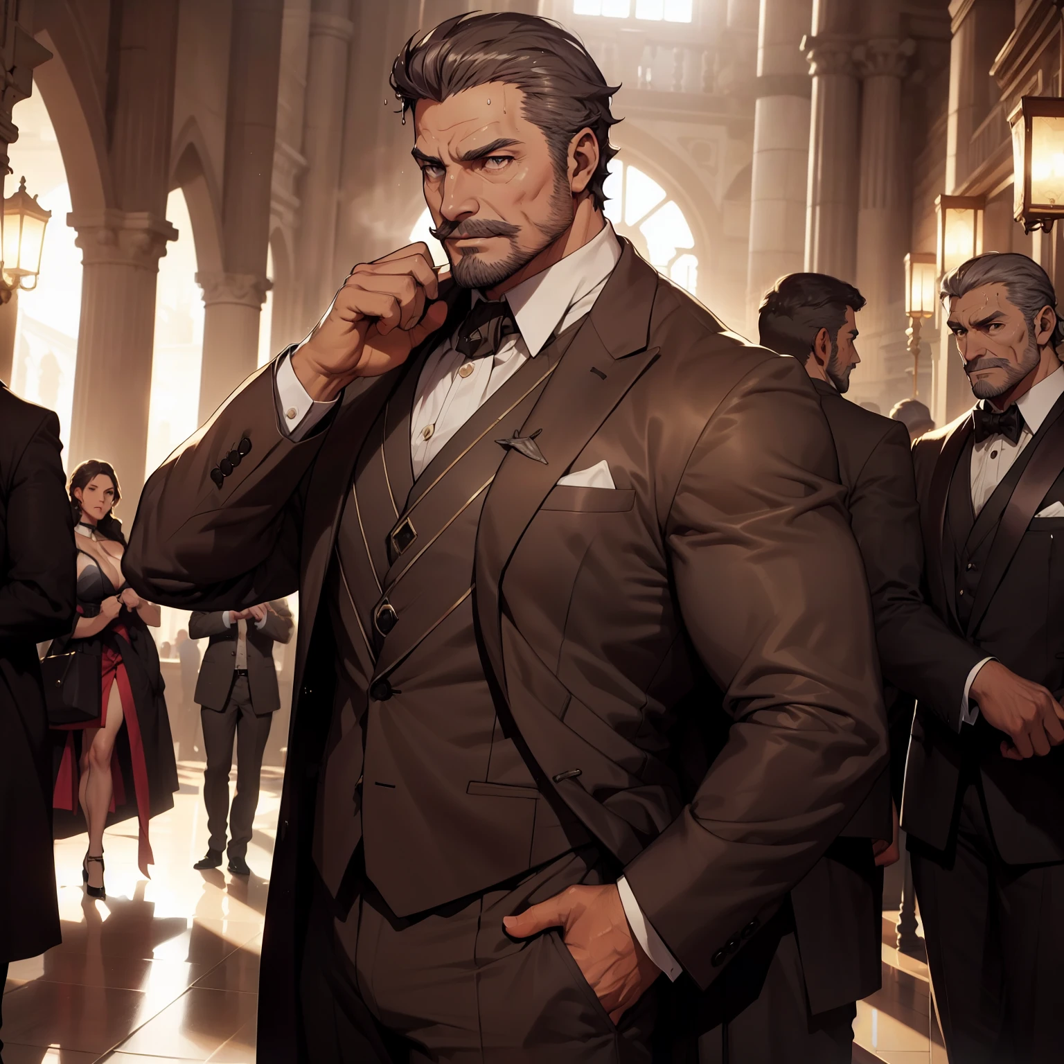 A handsome mafia boss, muito lascivo, imponente, Vista lateral, below pov, corpo inteiro, 50 years old, dark short hair , thick dark beard, dark oliva skin color, peitorais largos, peitorais enornes, hair chest, pose sensual, he is in fourth, rindo do espectador, wearing a tight white formal shirt, wet body, bare arms, big bulge, thick thights, Obra-prima maravilhosa altamente detalhada, beautiful cinematic light deep focus, elegante, Pintura digital, sementes, sharp focus, golden ratio, dramatic lighting, 8k