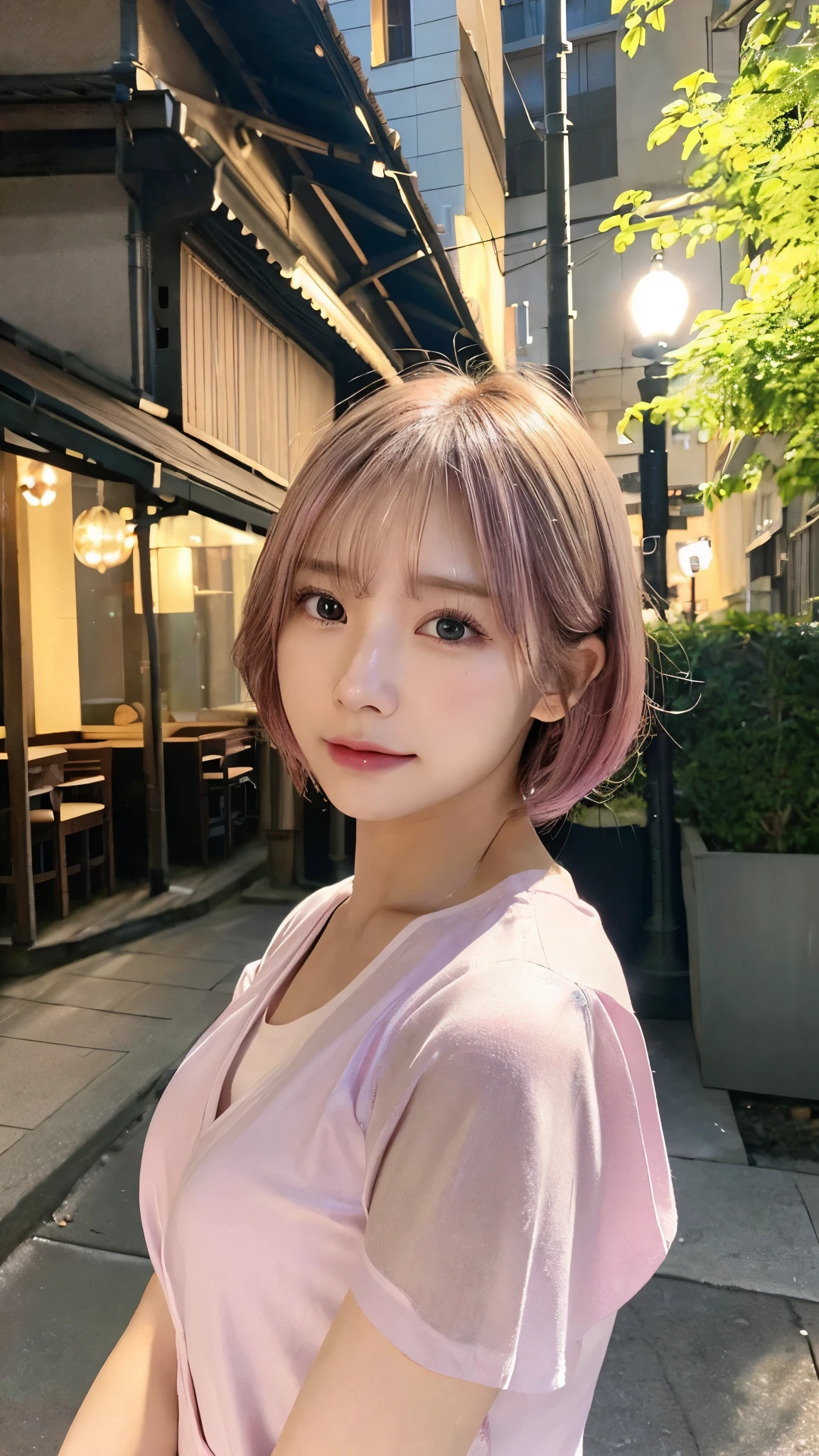 (highest quality,masterpiece:1.3,超A high resolution,),(Very detailed,Caustics),(Photorealistic:1.4,RAW shooting,)Ultra-Realistic Capture,Very detailed,High resolution 16K for human skin、 Natural skin texture、、Skin tone is even and healthy looking、 Use natural light and color,One Woman,Japanese,,cute,Pink,Middle Hair,(Written boundary depth、chromatic aberration、、Wide range of lighting、Natural Shading、)、(Outdoor lighting at night:1.4)、(Hair swaying in the wind:1)、short hair、（Exposure:3.0）、Sheer white shirt、Inside the cafe、coffee