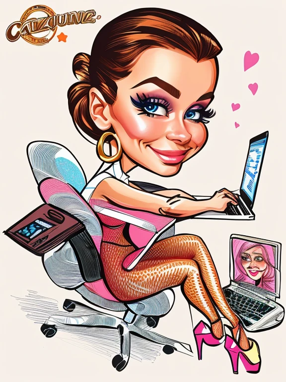 4k, best quality, Comic Babes, drawing of a woman sitting in a chair with a laptop and a mirror, caricature style, caricature illustration, caricature!!!, rendering, Catarina, by Olga Boznańska, by Adrienn Henczné Deák, portrait photography , illustration!, in cartoon style, caricature, caricature, by Elena Guru, caricature