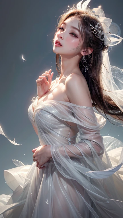White Background、Professional Lighting、(((Professional Lighting 1.5)))、Translucent skin texture、Beautiful Skin、Beautiful Skin、、Off the shoulder、White Dress、See-through、Fluttering feathers、Ecstasy of Musical Notes、Kiss pose、