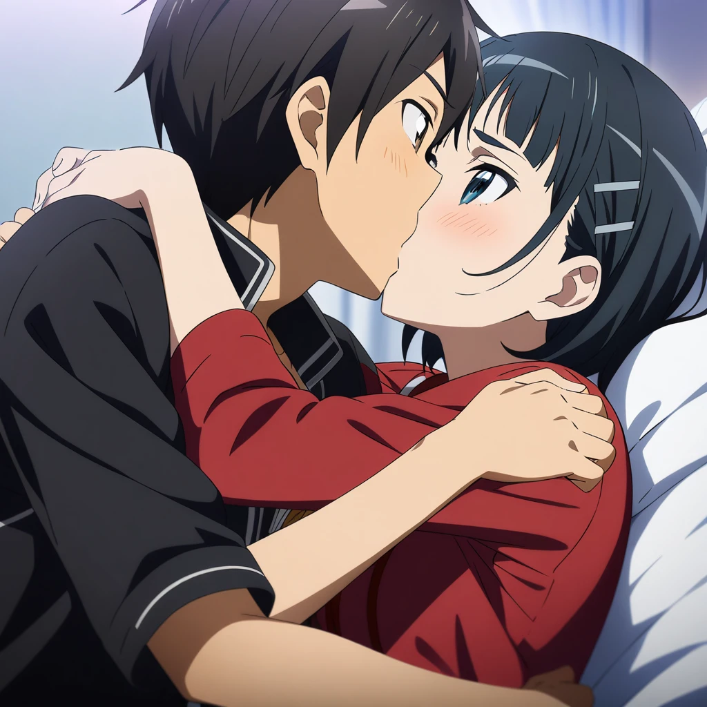 1girl and 1boy, kirigaya Suguha and kirito, sword art online, hug, kiss, bed, masterpiece, best quality, very aesthetic, absurdres, anime artwork, anime style, key visual, vibrant, studio anime, highly detailed