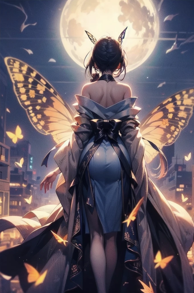 1 female, Wide Shot, standing in リヤビューof bloody full-moon,Back view,  From below ,silhouette， red kimono, swarm of butterflies on the background,High resolution,(Unbelievably absurd),Anime Visual,Highly detailed CG Unity 8k wallpaper, ((masterpiece)), ((highest quality)), (Beautiful illustrations), ((Very delicate and beautiful))