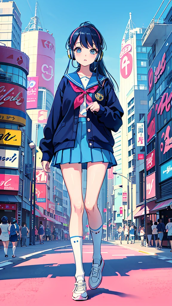 90s City Pop Art、City pop style、sketch style、lofi girl、Beautiful high school girl、8 headodel、Navy blue sailor uniform、White sweater、mini skirt、Knee-high socks、Walking around Harajuku、Headphones 1.2、Listening to music、big eye、whole body、1 person、Cowboy Shot