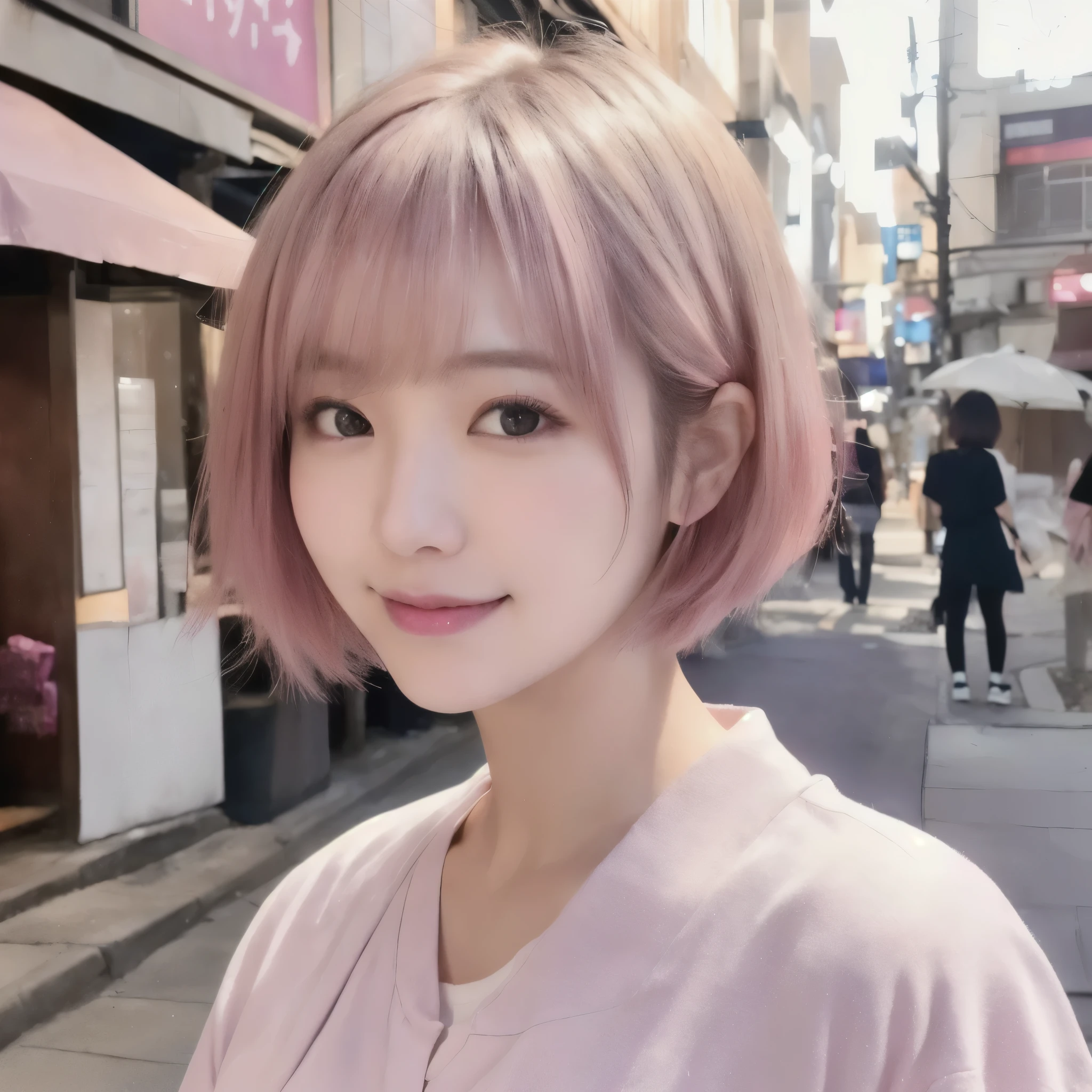 Close-up of a woman in a pink shirt on a city street, Short hair, cute girl with Pink Short Hair, Short hair with bangs, 白Hime cutヘアスタイル, Pink Short Hair, Pink Short Hair, Hime cut, Chin-length hair, Popular Korean makeup, Short hair with gel, Bobcut, Pink Hair, Korean Girls,smile