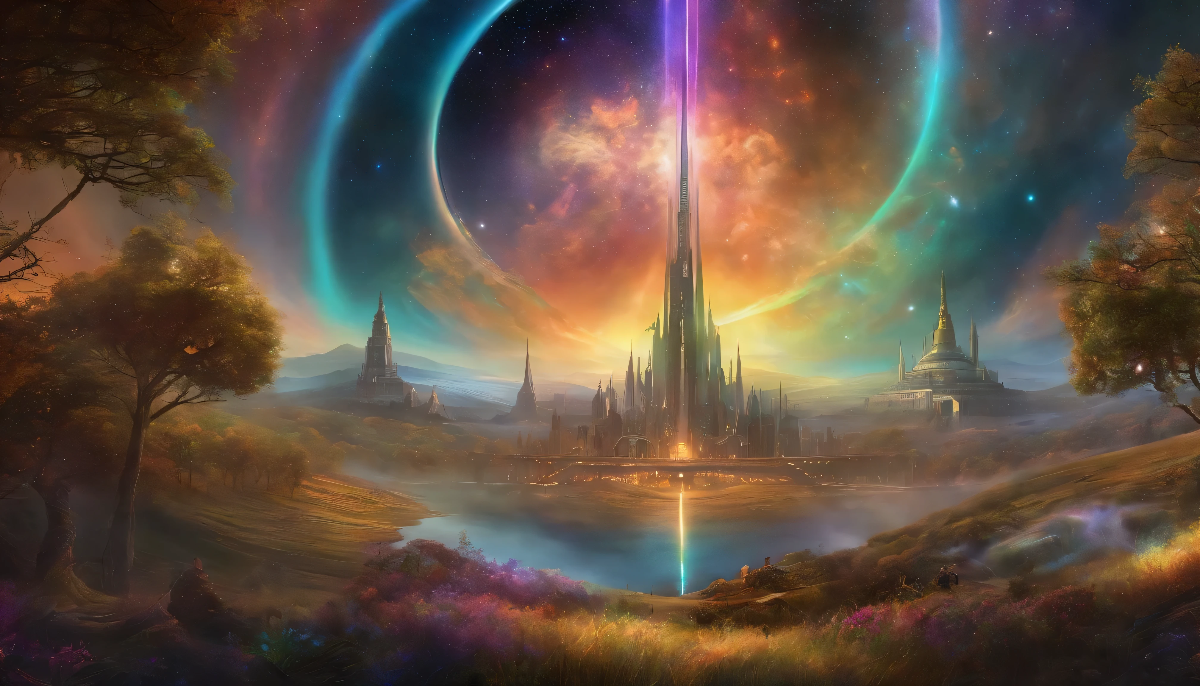 Multicolored multidimensional astral etheric space nebula, Magical city of medieval magic mysticism ""Cloud Biopunk ovni, cyber punk, 1000 paints disintegrate into a mosaic rainbow, Scenic, French, Simplicity, Dynamic Lighting, Cinematic cityscape, ArtJam, Surrealism", Carl Burks, Van Gog by Aykut