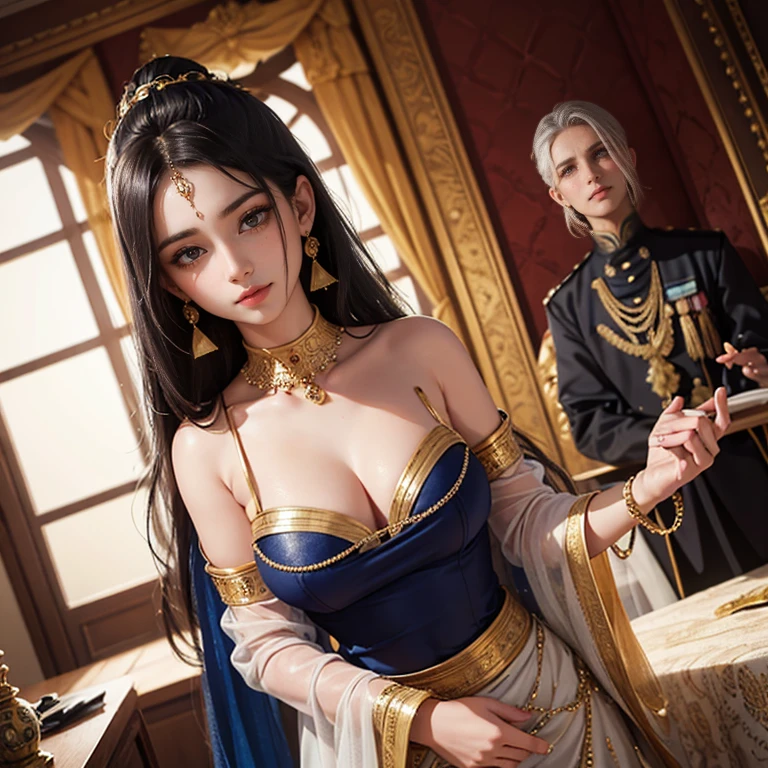 a beautiful 18-year-old woman,terrified in fear , having sex, She is wearing a gorgeous navy blue ghagra and long blouse, Eye mascara, eye shadow, Long eyelashes, Gold Jewelry , Large Breasts, Stand in the palace, Upper Body, Front view, Big Plans, Pubic hair is visible and she's holding my hand, looking in my eyes and she's the cutest girl in world