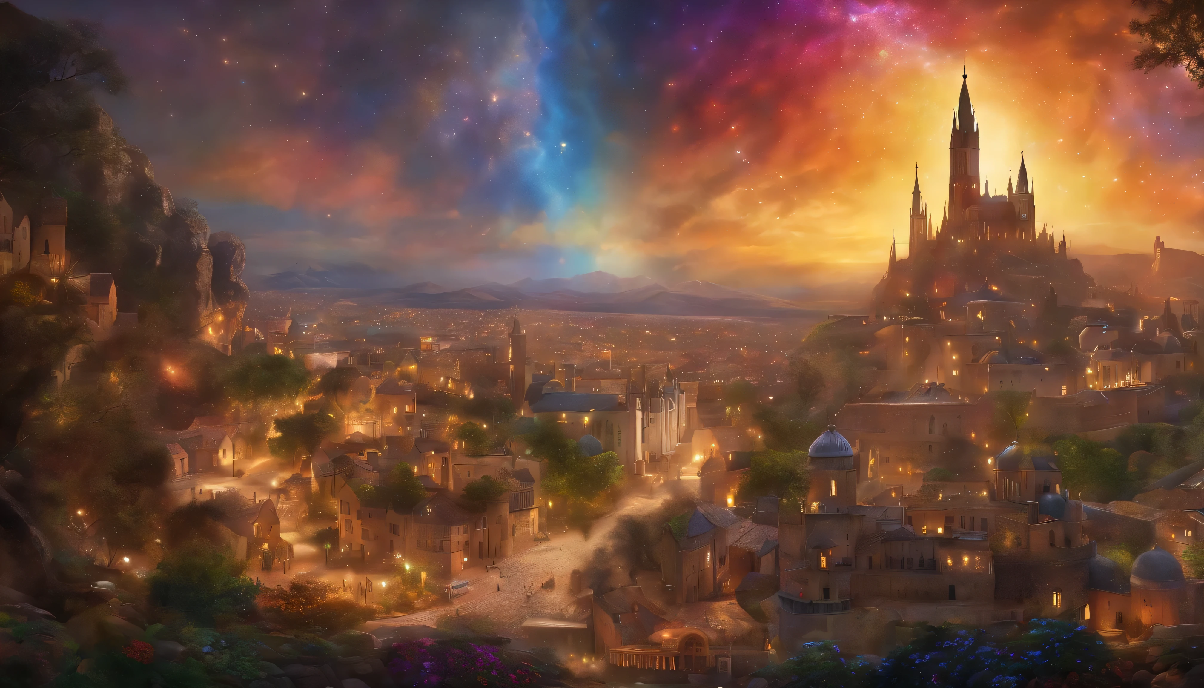 Multicolored multidimensional astral etheric space nebula, Magical city of medieval magic mysticism ""Cloud Biopunk ovni, cyber punk, 1000 paints disintegrate into a mosaic rainbow, Scenic, French, Simplicity, Dynamic Lighting, Cinematic cityscape, ArtJam, Surrealism", Carl Burks, Van Gog by Aykut