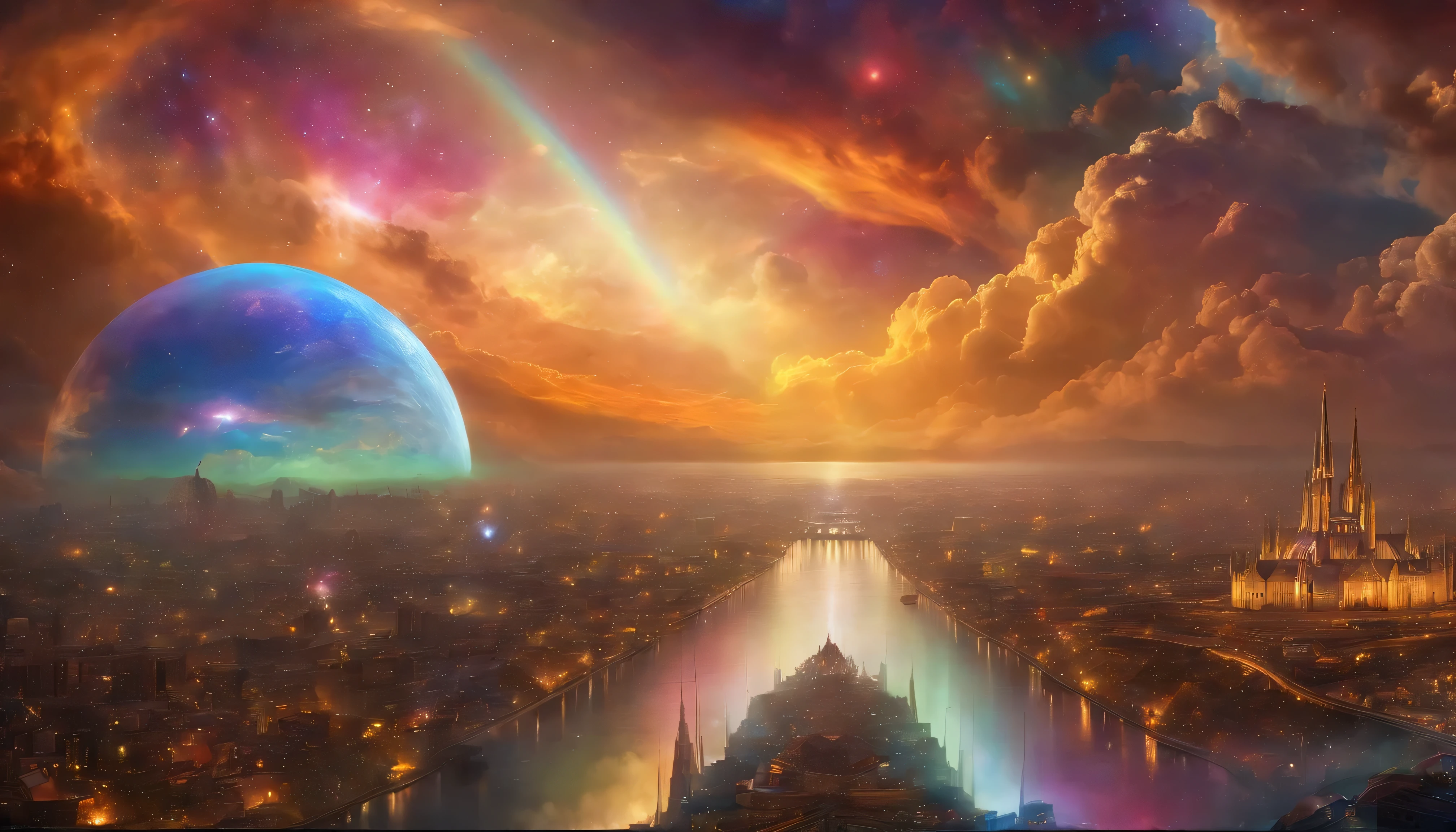 Multicolored multidimensional astral etheric space nebula, Magical city of medieval magic mysticism ""Cloud Biopunk ovni, cyber punk, 1000 paints disintegrate into a mosaic rainbow, Scenic, French, Simplicity, Dynamic Lighting, Cinematic cityscape, ArtJam, Surrealism", Carl Burks, Van Gog by Aykut