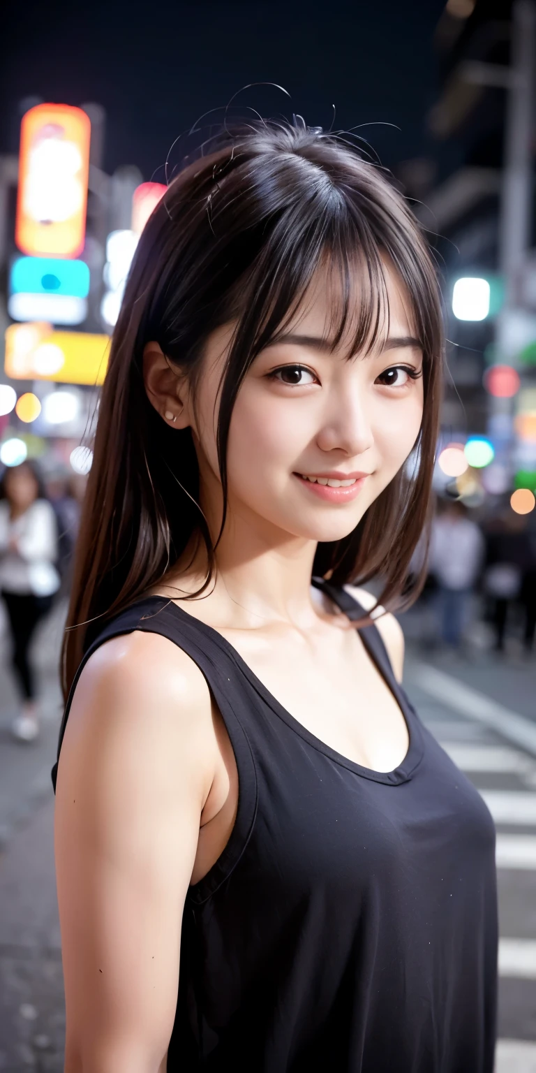 1 Girl, Tokyo Street,night, Streetscape,City lights,Upper Body,close,smile,, (8K, Raw photo, highest quality, masterpiece:1.2),(Realistic, photo-Realistic:1.37),