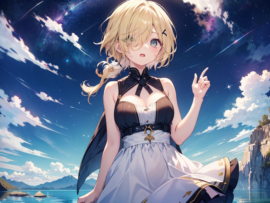 dress, Green Eyes, fine grain、blonde、Multicolored Hair、Inner Color、Wavy Hair、 short hair、28-year-old female、(((((Close one eye)))))、((((yawn)))),((((1 girl))))、Smiling face、Beautiful night sky、8K background、Medium Chest、whole body、Woman Standing On The Surface of the Lake、Uyuni salt lake、Sleeveless、Beautiful fingers