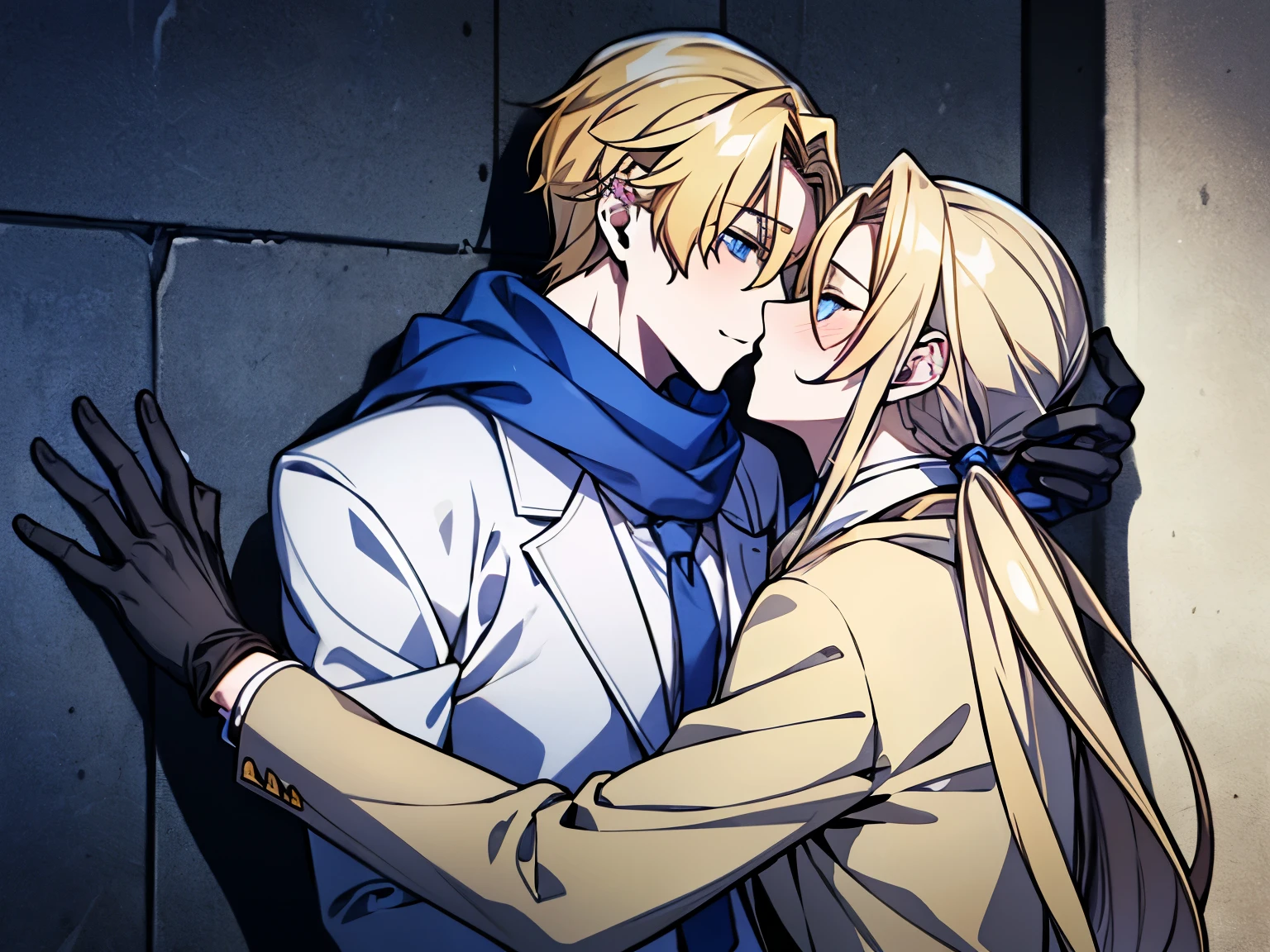 Best Quality, very detailed beautiful face and eyes, ((Embarrassing)), Long hair, Blonde low-tied longhair, Blue eyes, flat chest, White trench coat, Small arm muscles, Male Hands, male eyebrows, Male Eyes, sharp long nose, Men's Glasses, (Black Gloves:1.2), (Blue winter scarf:1.3), (White suit:1.4),White vest, ((blue necktie)), Blonde tied hair, Blonde Low Long Ponytail, blush,Masculine face, 180cm, masculine,Magical atmosphere, Anime characters hugging each other in a dark room, 2boys, He pressed him against the wall. He pressed him against the wall, Slammed his hands against the wall in front of him, (Parted bangs, Forehead),long voluminous blonde hair,kiss,y, Elegant, 30 years old man, Adult man,