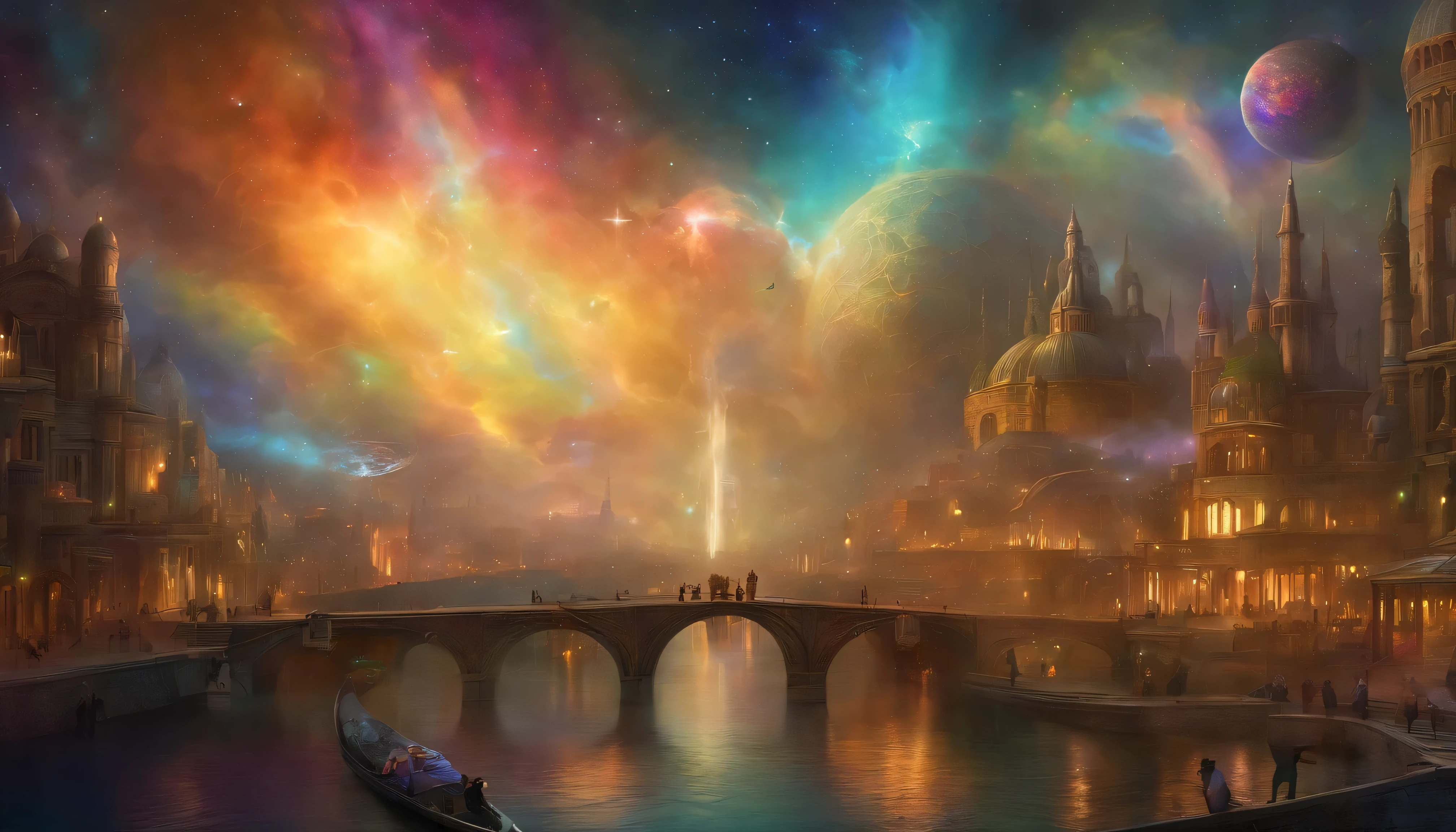 Multicolored multidimensional astral etheric space nebula, Magical city of medieval magic mysticism ""Cloud Biopunk ovni, cyber punk, 1000 paints disintegrate into a mosaic rainbow, Scenic, French, Simplicity, Dynamic Lighting, Cinematic cityscape, ArtJam, Surrealism", Carl Burks, Van Gog by Aykut